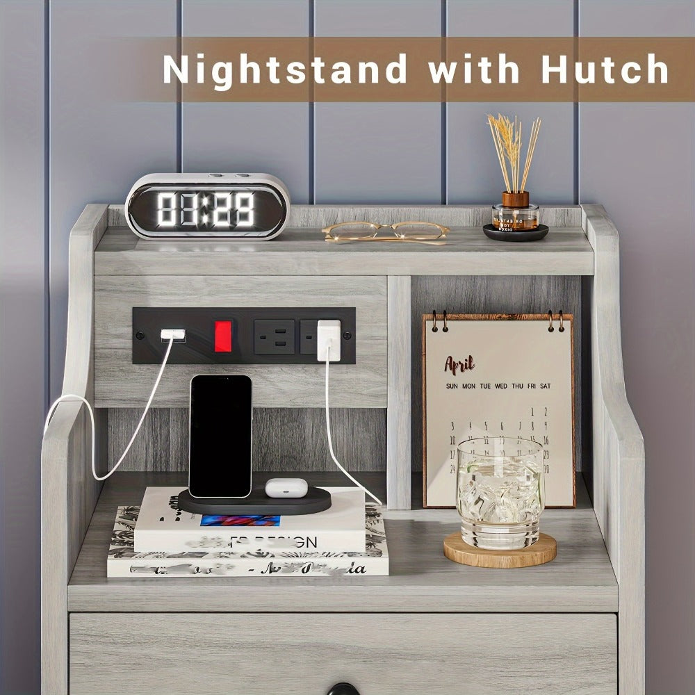 Nightstand 3-Drawer Hutch with Two AC Outlets, Two USB Ports and Gray or White Bedroom Finish