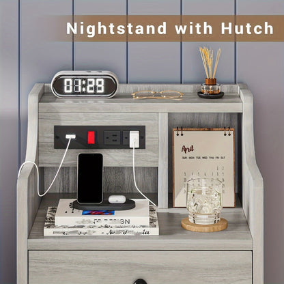 Nightstand 3-Drawer Hutch with Two AC Outlets, Two USB Ports and Gray or White Bedroom Finish