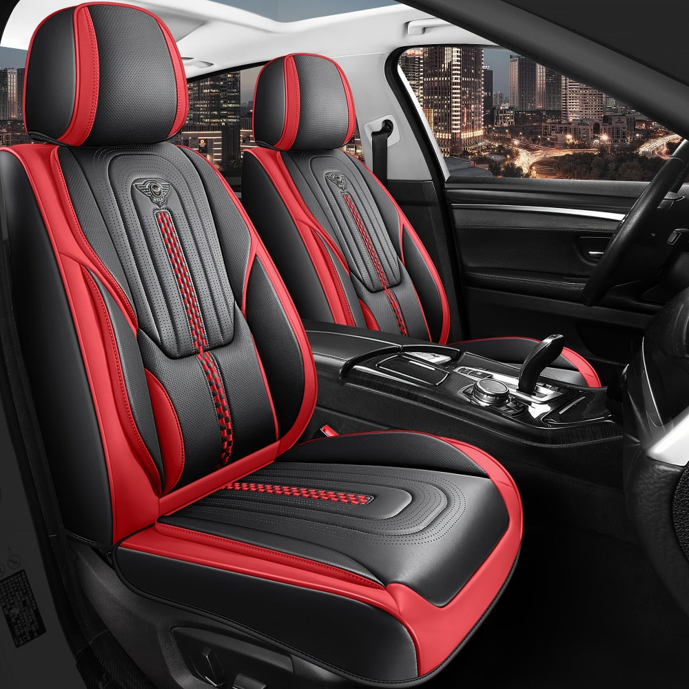 PU Leather Car Seat Cover Full Enclosure with Lumbar Support & Sponge Cushion – Two-Tone Sporty Design Universal Fit for Car Sedan Truck SUV (White-Black / Gray / Red-Black / Orange-Black)