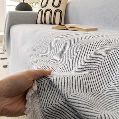 Sofa Cover 71-Inch Herringbone Jacquard Woven Throw with Tassel Fringe in Grey, Coffee, Green or Blue