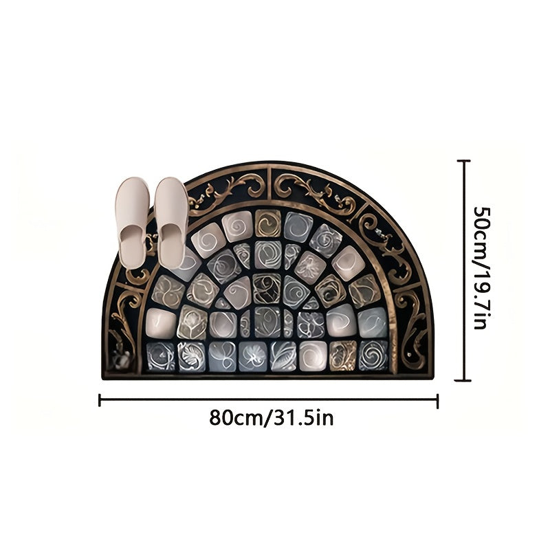 Half-Round Door Mat with Stone Mosaic and Scroll Print in 50 x 80cm or 60 x 90cm Entryway Sizes