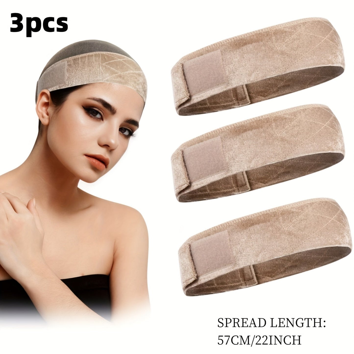 Velvet Wig Grip Caps, Three-Piece Adjustable Set in Light Beige, Beige, Black, Brown or Coffee