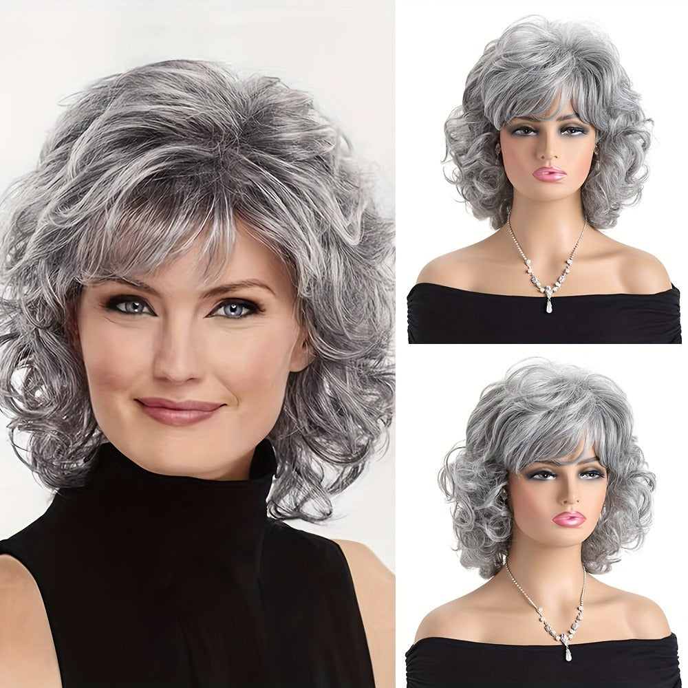 Short Curly Wig with Slanted Bangs 14 Inch Heat Resistant Synthetic Rose Net Cap Grey Mixed Dark Brown Light Brown for Women Daily Wear Halloween Festivals Cosplay