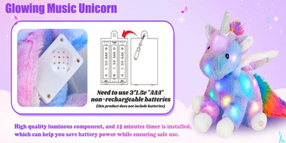 Plush Toy Rainbow Unicorn with LED Glow and Choice of Music or No-Music Light-Up choices for Bedtime