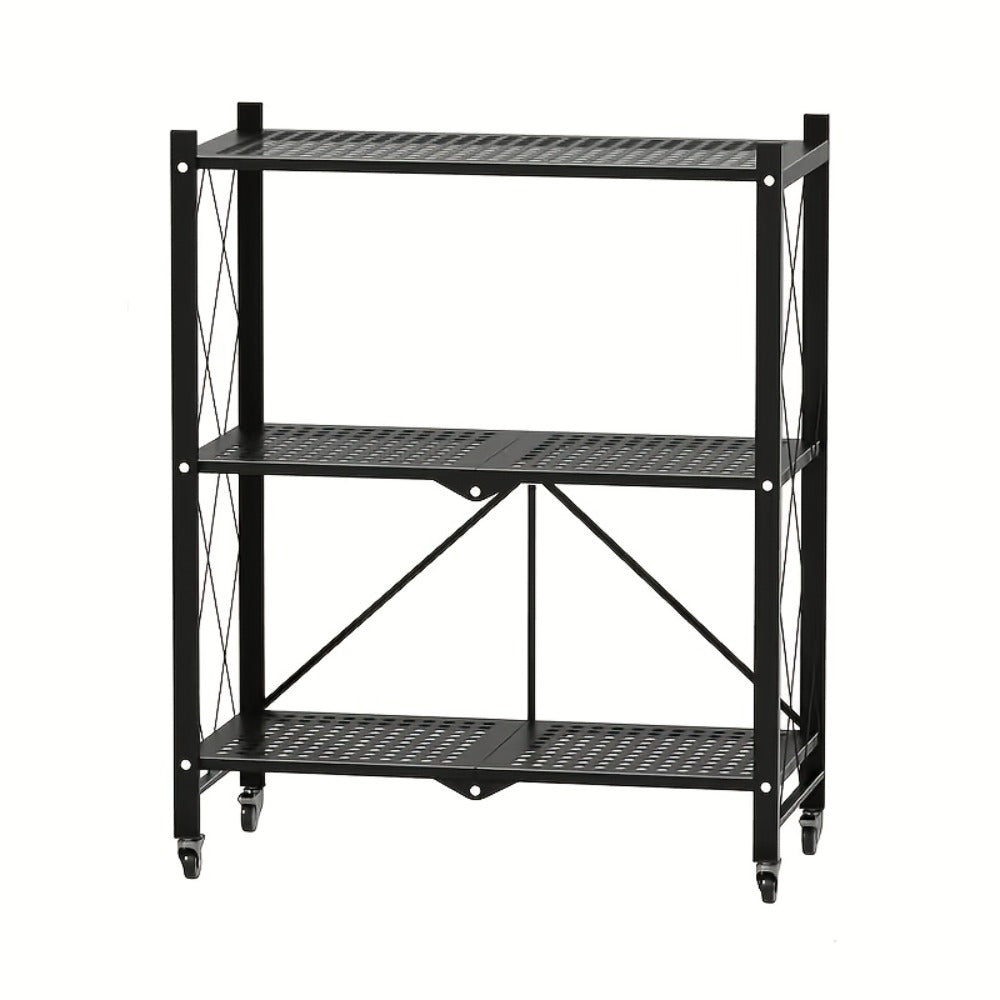 Three-to-Five-Tier Folding Storage Rack with Metal Shelves, Caster Wheels and Black or White Finish