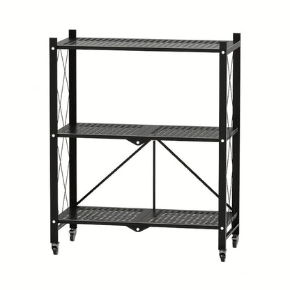 Three-to-Five-Tier Folding Storage Rack with Metal Shelves, Caster Wheels and Black or White Finish
