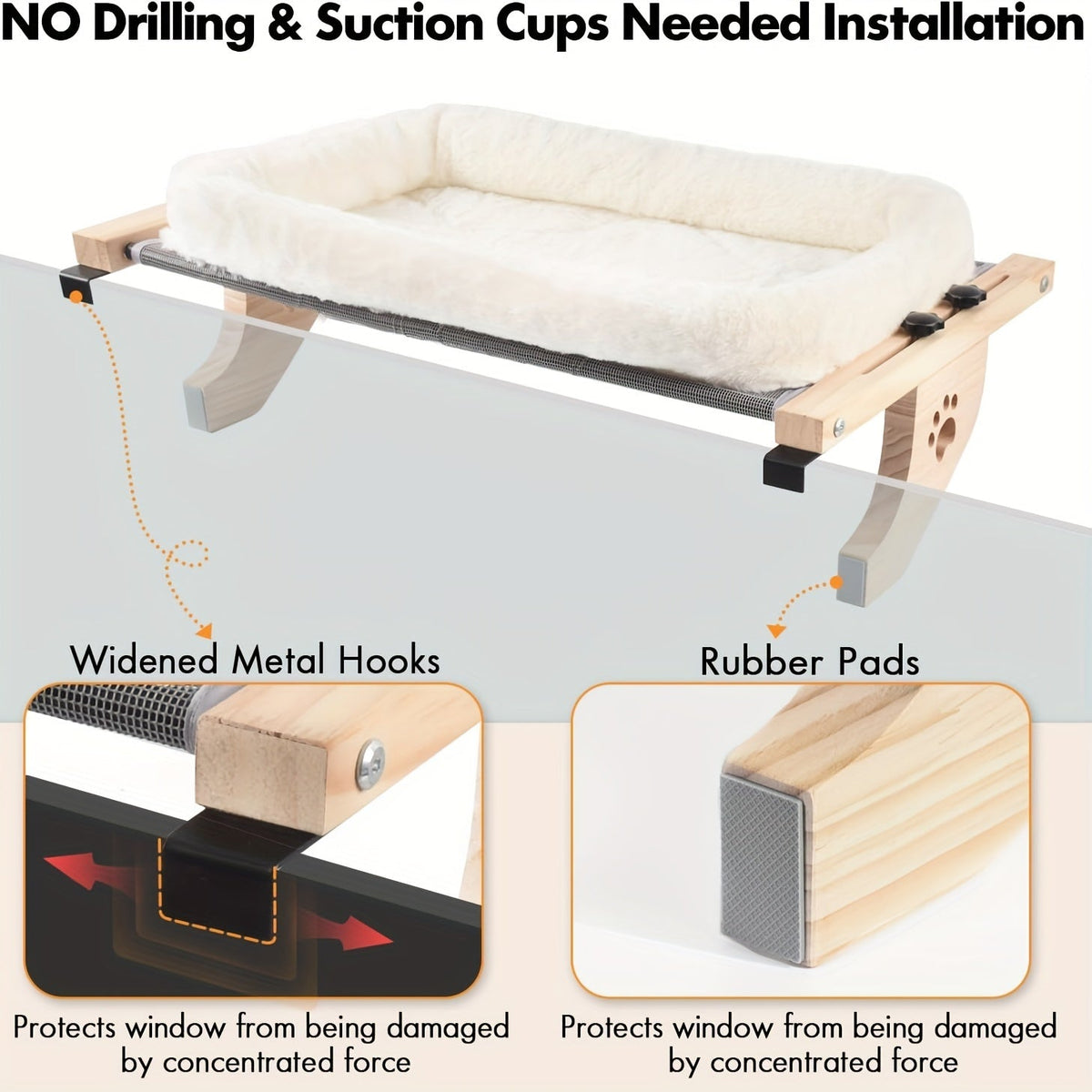 Padded Cat Windowsill Perch with 55x38cm Wood Platform, Metal Hooks, Rubber Pads and Adjustable Fit