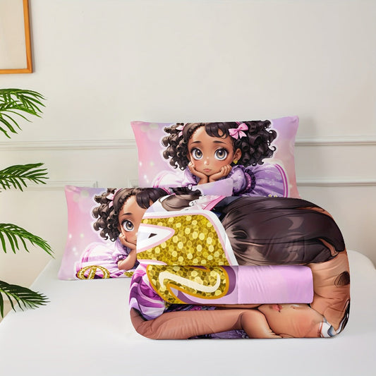 Comforter Set Queen Pink Princess Bedding Set 3 Piece Cute Floral Printed Bed Comforter with 2 Pillow Cases Soft Breathable Polyester All Season Bedding for Home Dorm Bedroom Decoration