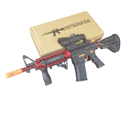Red-and-Black M416-Style Electric Gel Blaster Set with Scope, Drum, Magazine, Goggles and Charging Cable