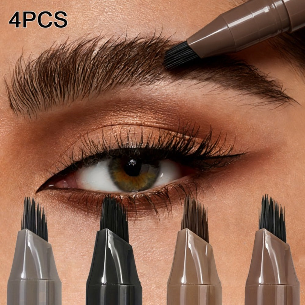 Four-Pack Multi-Fork Tip Eyebrow Pens in Four Color Labels with Capped Bodies and Approx. 11.3 cm Length