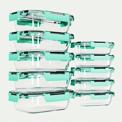 Food Storage Containers Ten-Piece Borosilicate Glass Set with Snap-Lock Lids in Pink, Black or Green