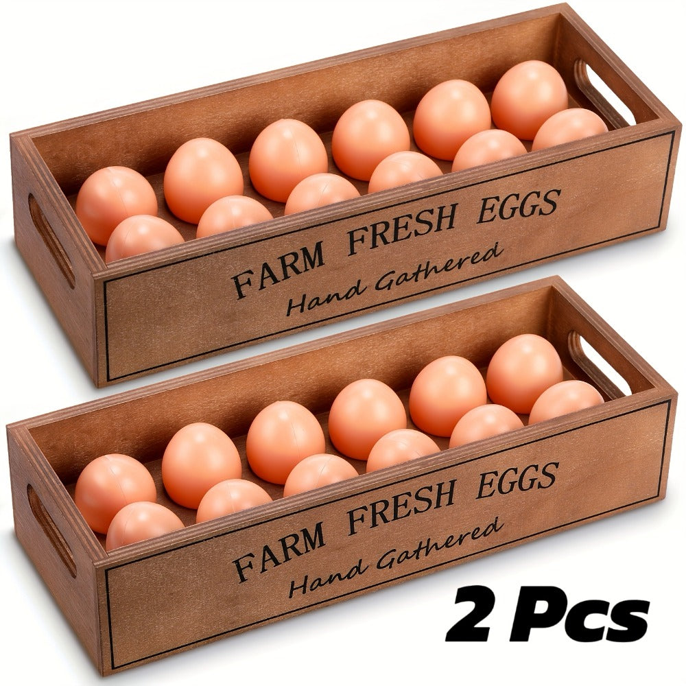 Two-Piece Farmhouse Wooden Egg Holder Rack Set with Handles and Space for Twenty-Four Eggs Each