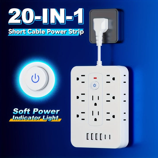 Compact Flat Plug Power Strip 20-in-1, 14 AC Outlets & 6 USB Ports (4 USB-A + 2 USB-C), Lightning Surge Protection, Space-Saving Extension Cord for Home Travel Office Kitchen – Overload Protection