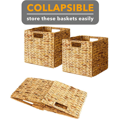 Foldable Water Hyacinth Cube Storage Baskets with Handles, 11 x 11-Inch, 1- to 4-Pack Options