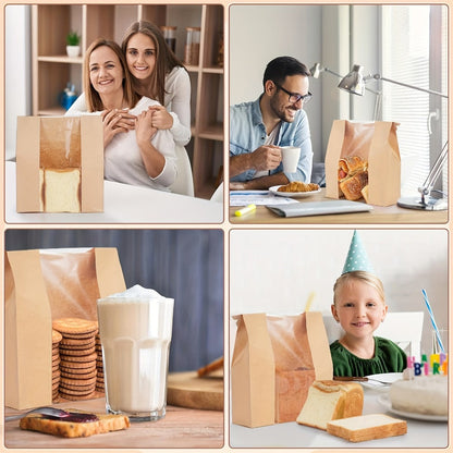 Bread Bags 100pcs Paper with Window 50% Thicker 13.7x8.2x3.7in Sourdough Homemade Bread Bakery Bags for Storage Bread Cookies Snacks with 100 Cute Sealing Stickers
