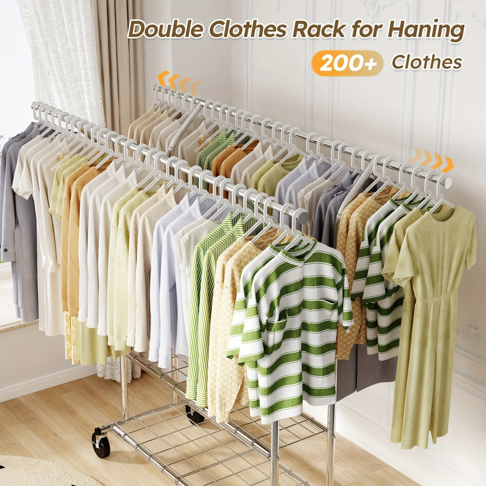 Double-Rod Rolling Garment Rack with Telescoping Extensions, Two Wire Shelves and 74.6-Inch Width