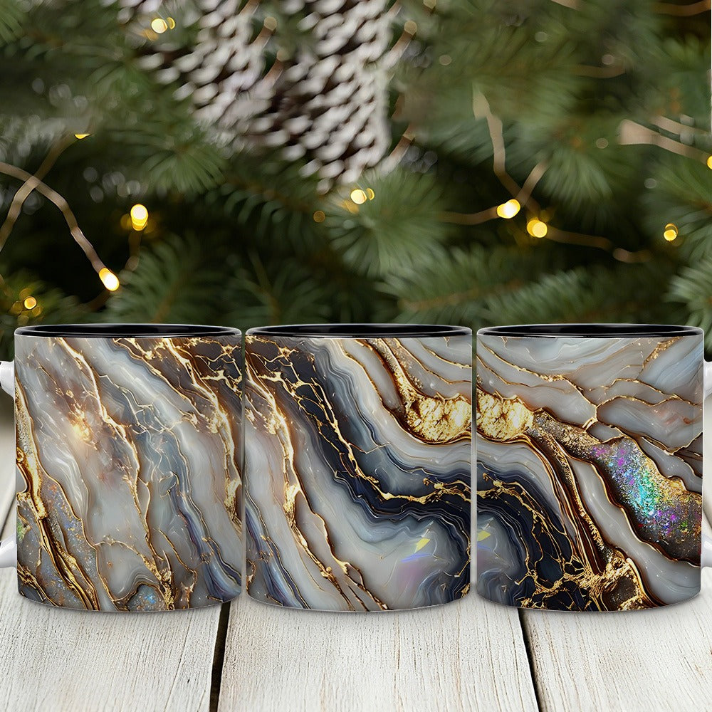 11oz Ceramic Coffee Mug with Agate Vein Print, Black Interior and Black, White or Pink Handle Options