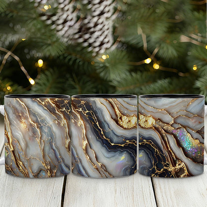 11oz Ceramic Coffee Mug with Agate Vein Print, Black Interior and Black, White or Pink Handle Options
