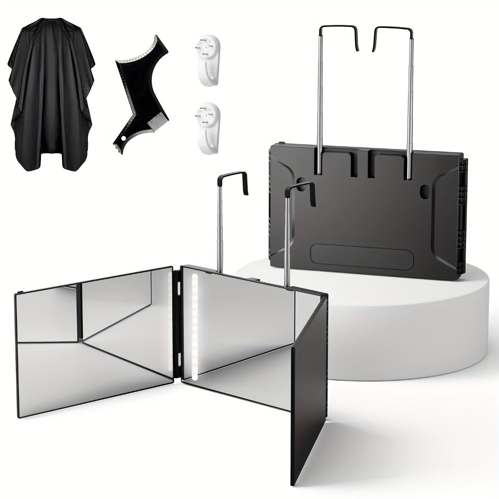 3-Way Self Haircut Mirror with LED Light & Accessories - 360° View Anti-Fog HD Glass, Height Adjustable Door Wall Table Mount