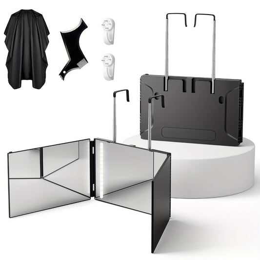 3-Way Self Haircut Mirror with LED Light & Accessories - 360° View Anti-Fog HD Glass, Height Adjustable Door Wall Table Mount, DIY Home Barber Mirror for Hair Cutting Shaving Styling Men Women