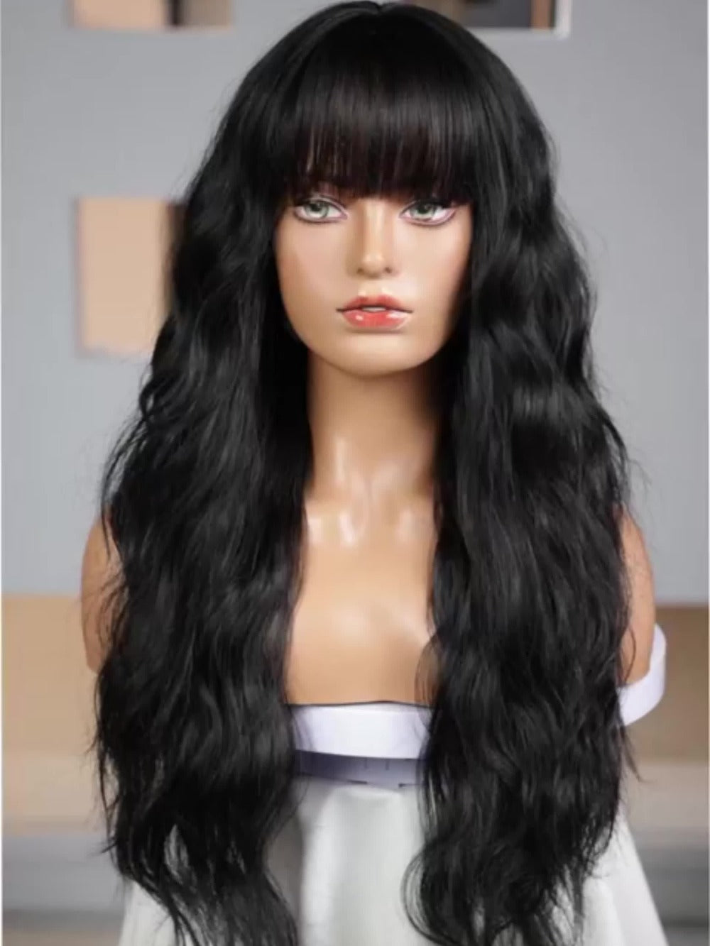 Synthetic Wig 28-Inch Black Body Waves with Bangs and Adjustable Buckle Net Cap for Daily and Party Styling