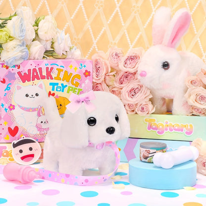 Plush Toy – White Electronic Puppy with Walking, Barking, Tail-Wagging Action, Leash and Bow