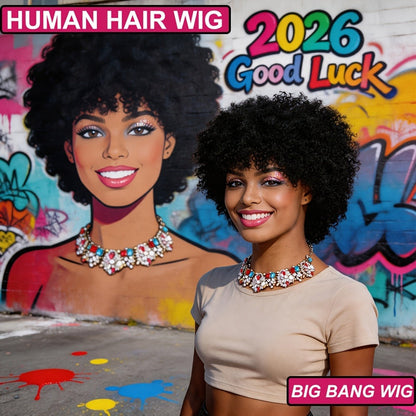6-Inch Kinky Curly Afro Human Hair Wig with Glueless Cap and Deep Grey, Camel or Ginger Color