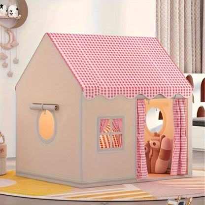 Checked Cabin Kids Play Tent in Pink, Khaki or Yellow with 130 x 120 x 100cm House Frame and Scalloped Roof