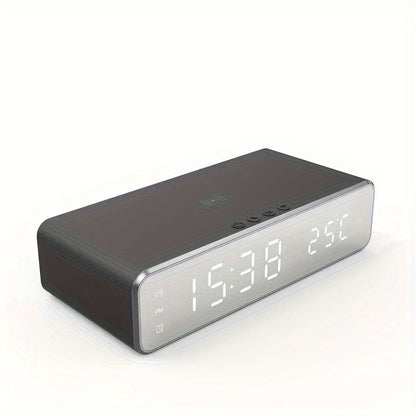Wireless Charging Alarm Clock with Black or Silver-Tone Housing, Digital Time Display and Top Charging Surface
