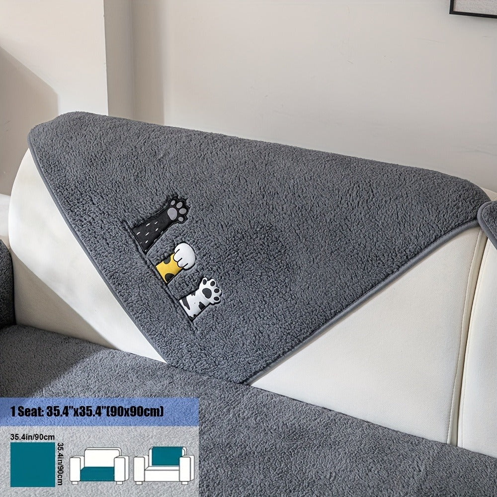 Sofa Cover, Sherpa Plush Cat-Paw Embroidered Seat Pad with Non-Slip Backing in Four Colors and Seven Sizes
