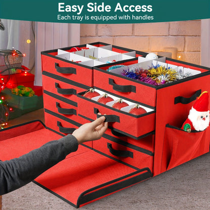 Christmas Ornament Storage Box with 128 Compartments, Eight Removable Trays and Red or Green Color Options