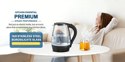 Glass Electric Kettle 1200W Borosilicate with Blue LED Glow - 57.48oz 1.7L Fast Boil BPA-Free Auto Shut-Off Boil-Dry Protection, Transparent Electric Tea Kettle for Home Office RV Camping Kitchen Gift