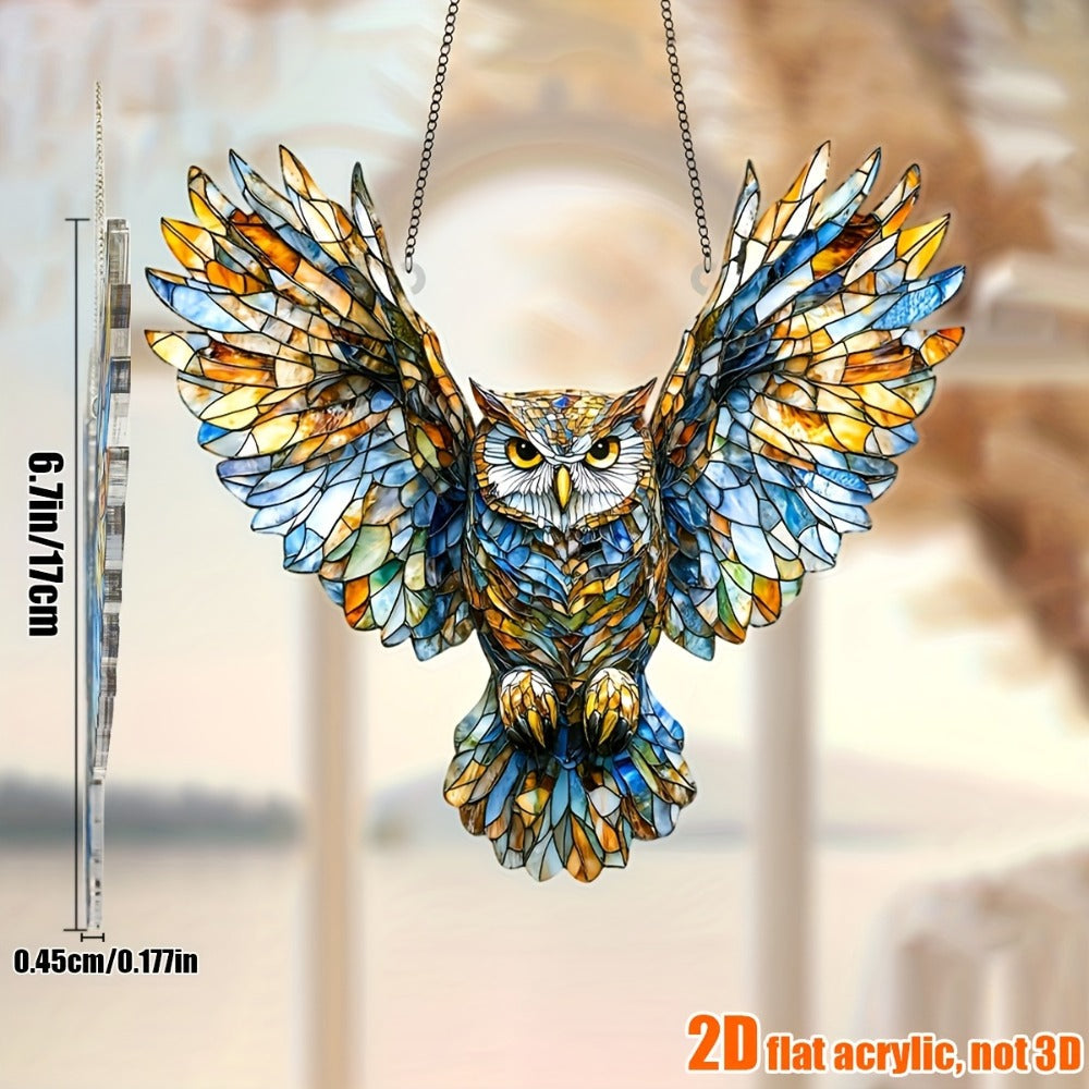 Owl Hanging Ornament Colorful Acrylic 6.7"x8", 2D Flat Animal Wall Art Decoration for Christmas Tree, Home, Office & Outdoor, Unique Birthday & Anniversary Gift for Her – Boho Bird Decor (1pc)