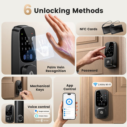 Palm Vein Smart Lock WiFi 6 Keyless Entry Deadbolt with Keypad, Alexa & Google Home Voice Control, Auto Lock, 10000mAh Rechargeable Battery, AI Biometric Contactless Front Door Lock, Black