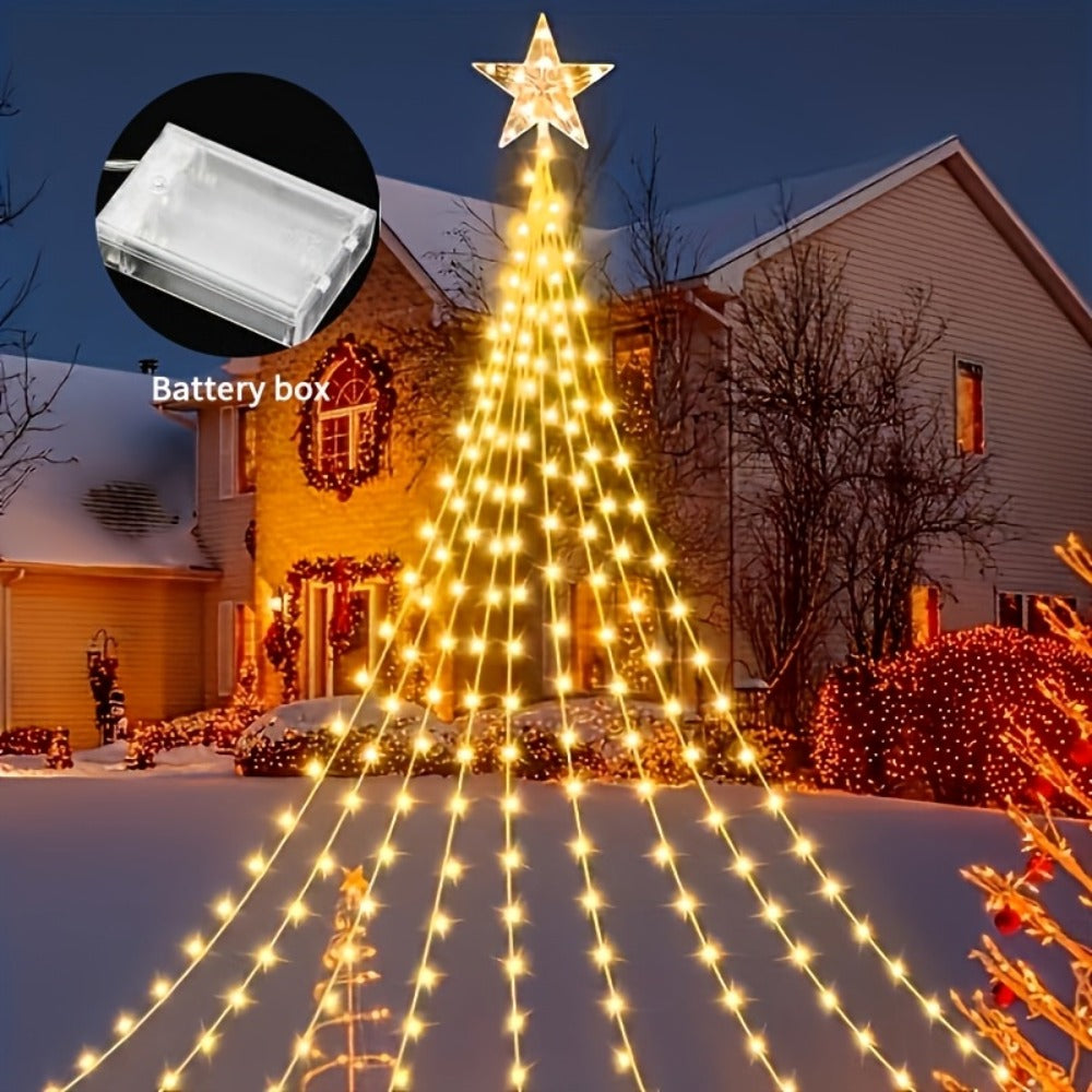 Christmas Tree Waterfall Fairy Lights 200 LED with Star Top Decoration, 8 Lighting Modes — Battery, Solar & USB Powered Indoor Outdoor Colorful Cascading Holiday Light Strip