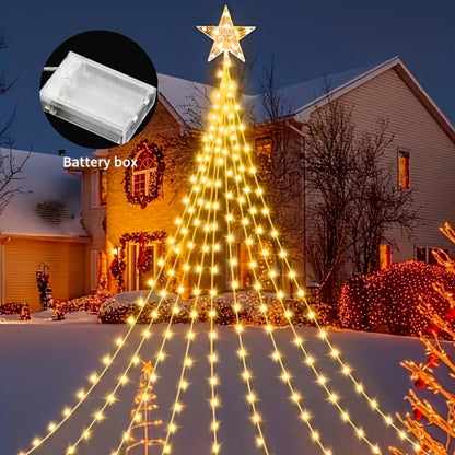 Christmas Tree Waterfall Fairy Lights 200 LED with Star Top Decoration, 8 Lighting Modes — Battery, Solar & USB Powered Indoor Outdoor Colorful Cascading Holiday Light Strip
