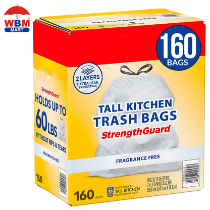 13 Gallon Kitchen Trash Bags 160 Count - Drawstring Tall Kitchen Garbage Bags Fragrance Free Leak Proof Heavy Duty