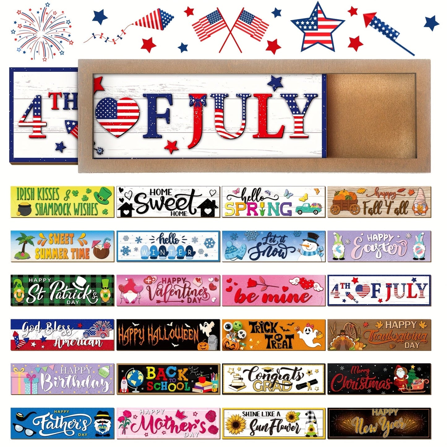 Twenty-Five-Piece Interchangeable Seasonal Welcome Sign Set with Wood Frame and Holiday Message Inserts