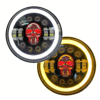 7 Inch Motorcycle LED Headlight Skull Ghost Design - Colorful Demon Eye Round Head Lamp, Custom Car Headlight Modification Front Light for Motorcycle Jeep Truck