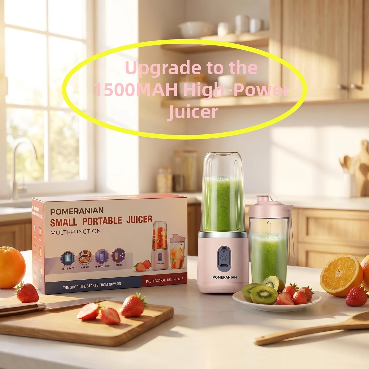 Portable Blender Juicer Double Cup 1500mAh Rechargeable – Food-Grade ABS Multifunctional Fruit Vegetable Juicer | USB Charging Gift Box | Blue Pink White Summer Kitchen Essential