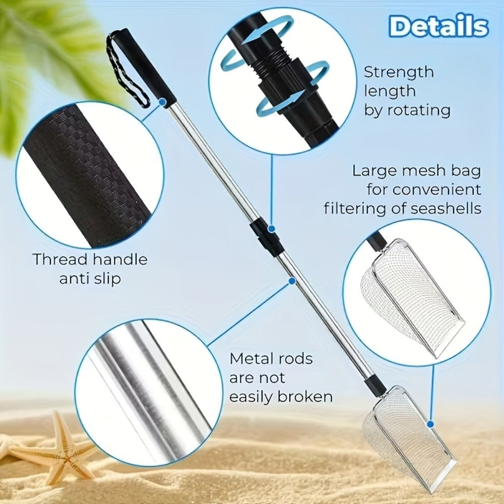 Telescopic Stainless Steel Beach Sand Sifter Scoop with Three-Section Handle, 1- or 2-Piece Options