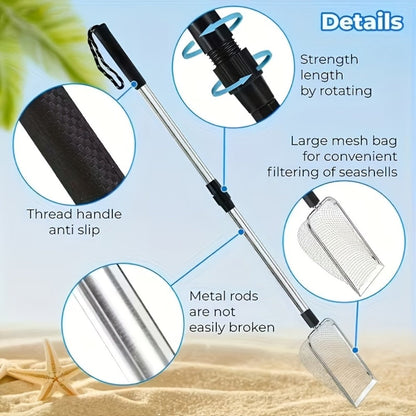 Telescopic Stainless Steel Beach Sand Sifter Scoop with Three-Section Handle, 1- or 2-Piece Options