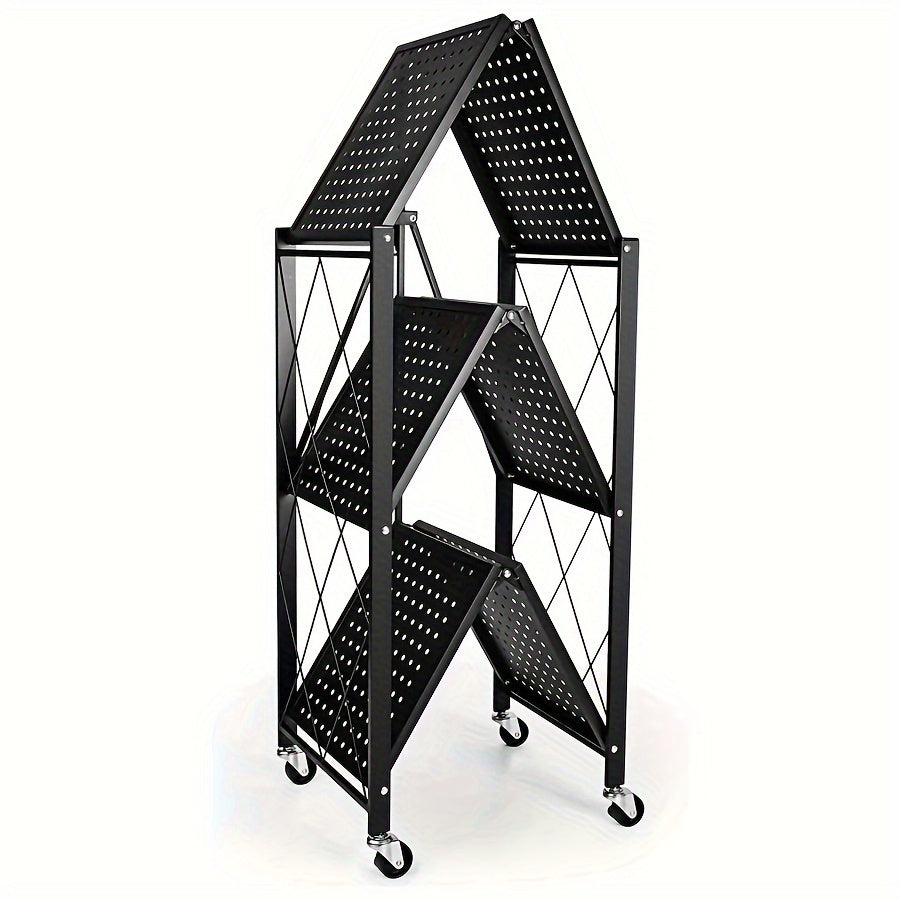 Three-to-Five-Tier Wheeled Storage Rack with Foldable Shelves and Black or White Configurations