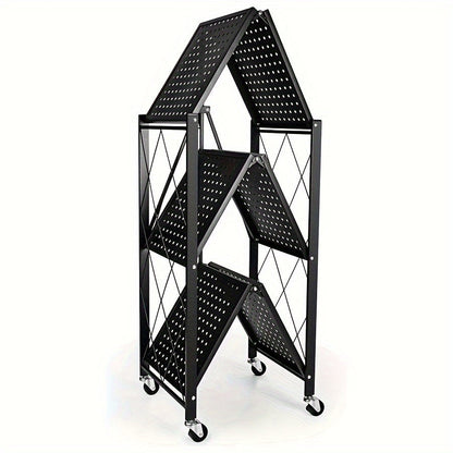 Three-to-Five-Tier Wheeled Storage Rack with Foldable Shelves and Black or White Configurations