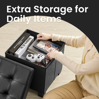 37L Faux Leather Storage Ottoman Cube with Lift-Off Lid, Short Legs and Black or White Finish