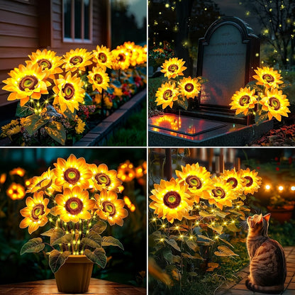 Solar Sunflower Garden Stake Lights, Four Assemblies with 12 Flowers and 8 Butterfly Clips