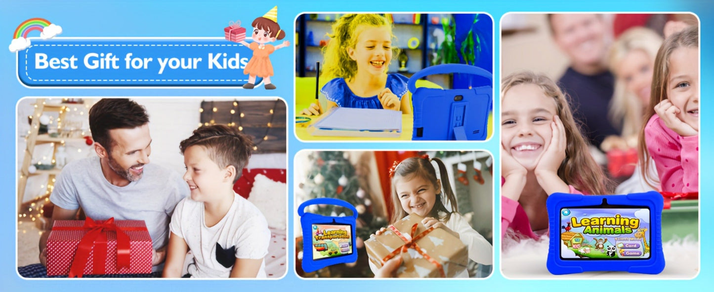 Kids Tablet 7 Inch Android 2GB RAM 16GB 32GB ROM 1TB Expandable WiFi Dual Camera Parental Control Educational Games Eye Protection Drop-Proof Silicone Case Tablet for Kids Toddlers – Pink Blue Purple Navy