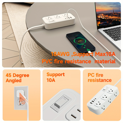 Power Strip Flat Plug with 6 AC Outlets, 2 USB-A, 2 USB-C and 3-Inch, 5-Foot or 10-Foot Cord Options