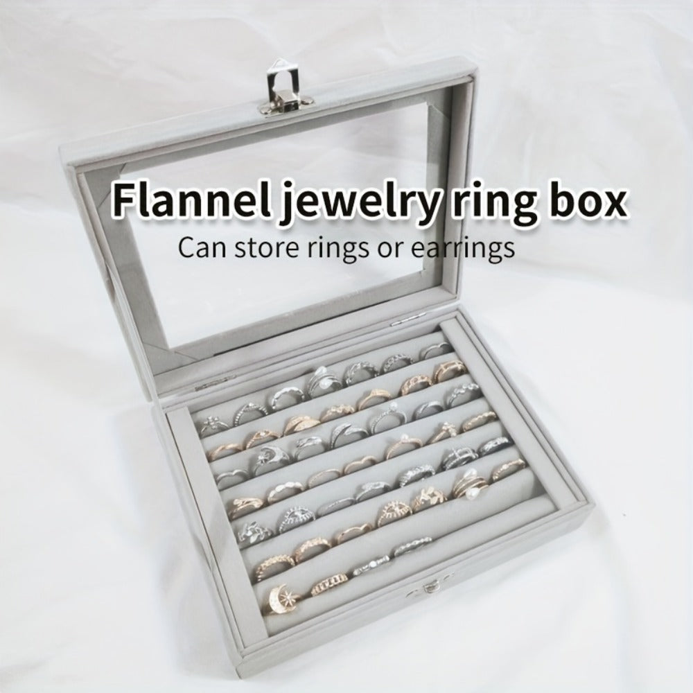 Jewelry Box with Locking Lid – 49-Ring Capacity Glass-Like Plastic Ring & Earring Organizer, Large Rectangular Storage Case, Waterproof Anti-Tarnish, 4 Colors, Holiday Gift