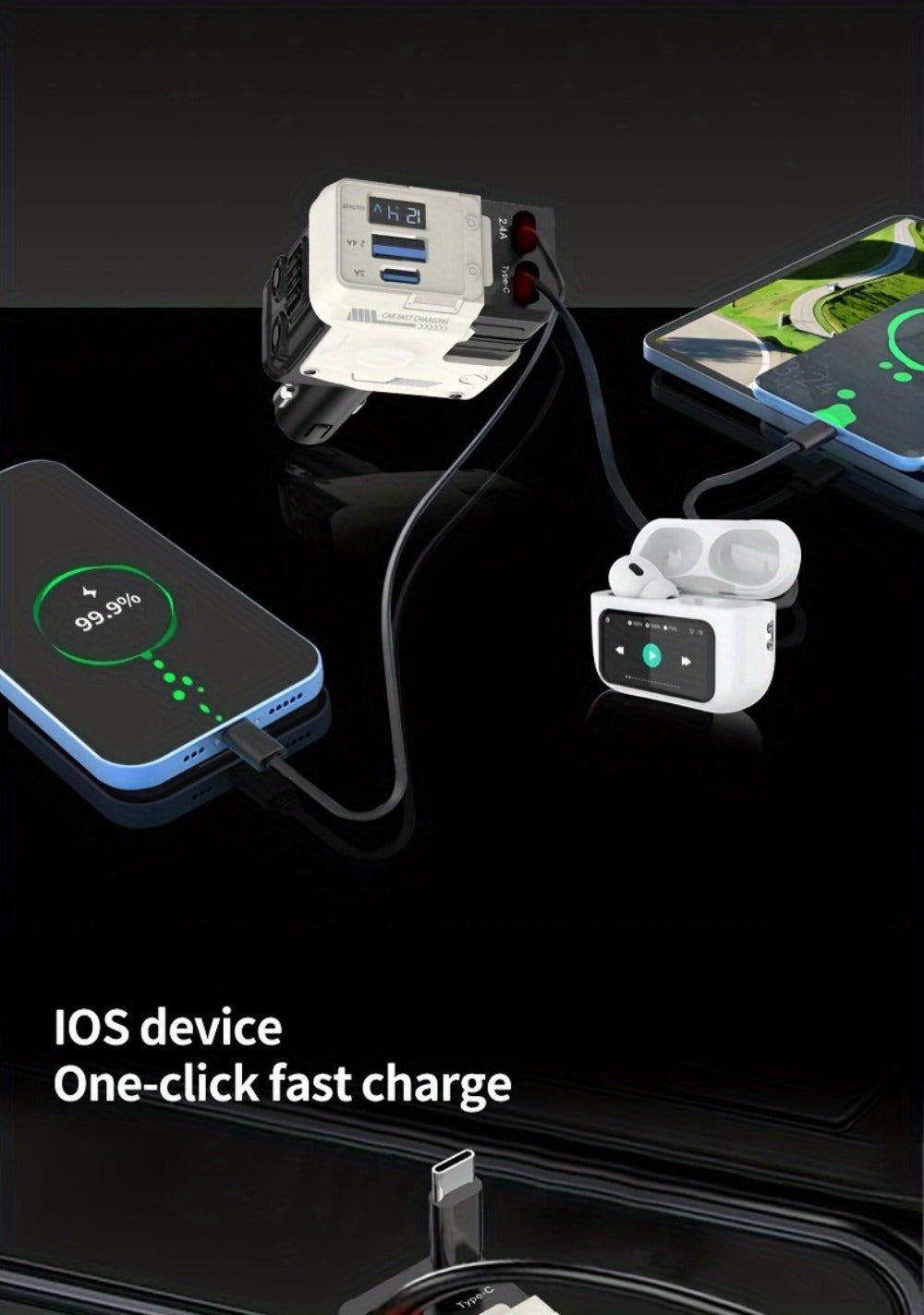 120W Fast Car Charger 4-in-1 with Retractable PD 3.0 Type-C Cable & Multi-Port USB Adapter – Short Circuit & Overheat Protection for iPhone Samsung Galaxy S25 Ultra Huawei Android, 4 Colors Available